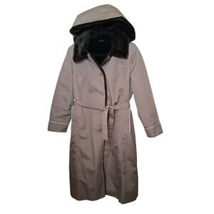 Fitz Tan Brown Trench Coat Belted FauxFur Collar Hoodie USA Union Made Sz 10 NWT